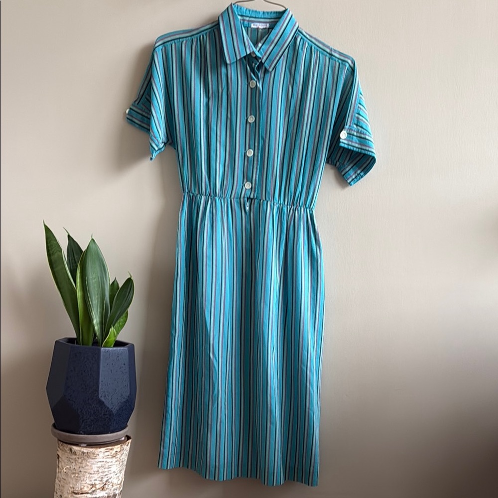 Vintage Teal and White Striped Midi Dress